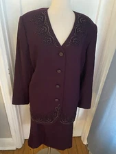 JOHN MEYER  100%WOOL VINTAGE PURPLE SKIRT SUIT-BEADS ON JACKET-SIZE18W-EXCELLENT