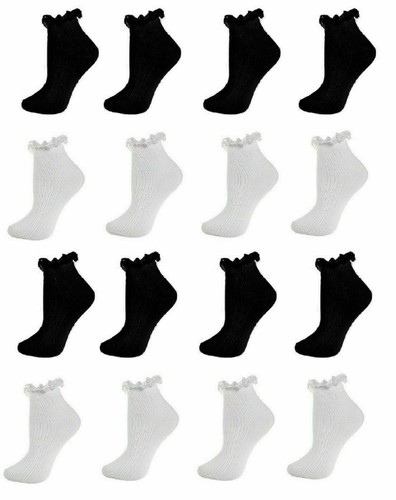 Women's Frilly Ankle TRAINER Socks Ladies Cotton Lace Top Anklet Black White 4-7 - Picture 3 of 3