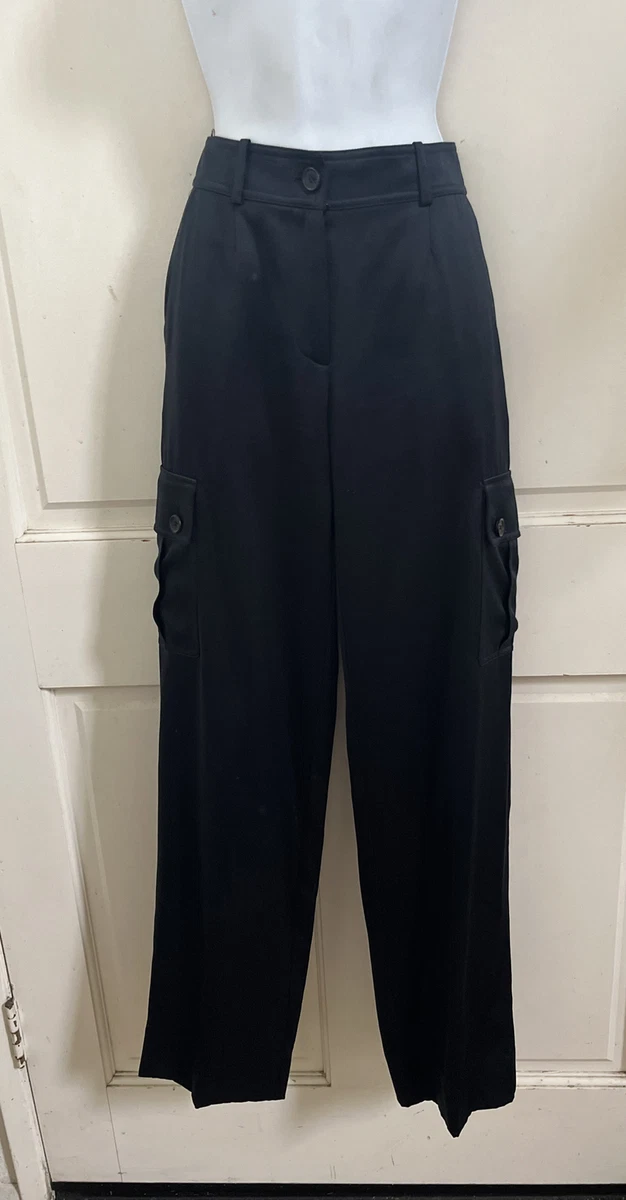 CELINE Black High Rise Silk/Wool Straight Leg Cargo Pants Trousers