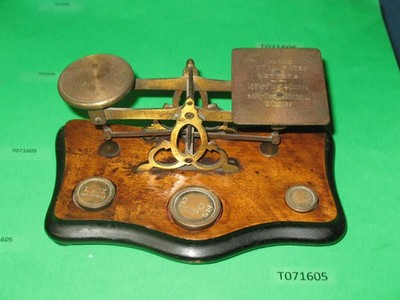 Victorian  Brass on wood base Postal Scale inland letter rates avery weights