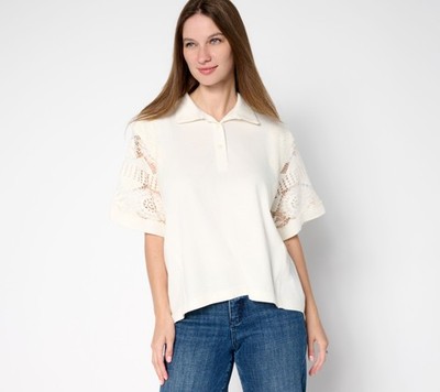 LOGO by Lori Goldstein Lavish 100% Cotton Polo Top with Lace Alabaster M New