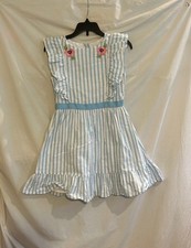 Janie and Jack Girls 10 Light Blue White Striped Sleeveless Dress Flower Ruffle