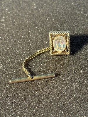 Vintage Gold Tone Rectangular Tie Rack Lapel Pin With Large Sparkly Stone Swank