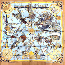 VTG HERMES LES DANSES DES INDIENS Carre 90 Silk Scarf Oliver light blue x0020