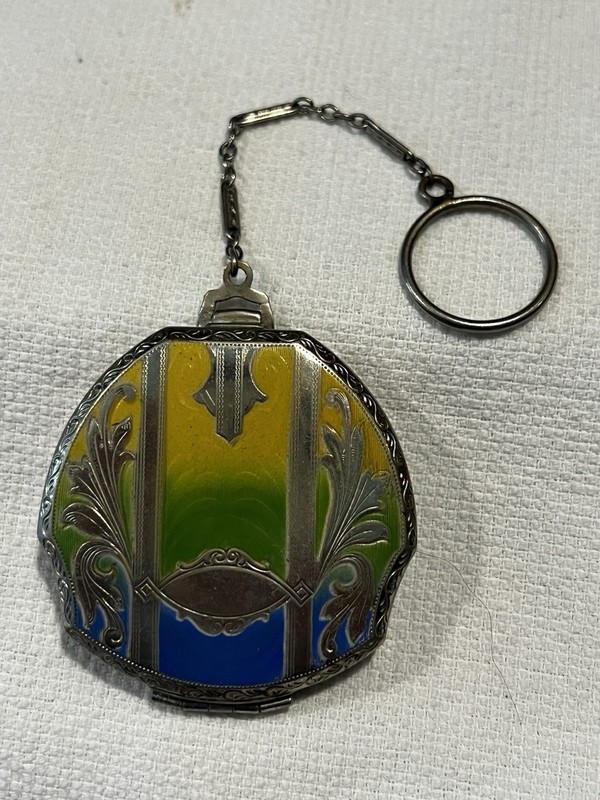 Deco Silver Tone Enamel Purse Compact With Chain