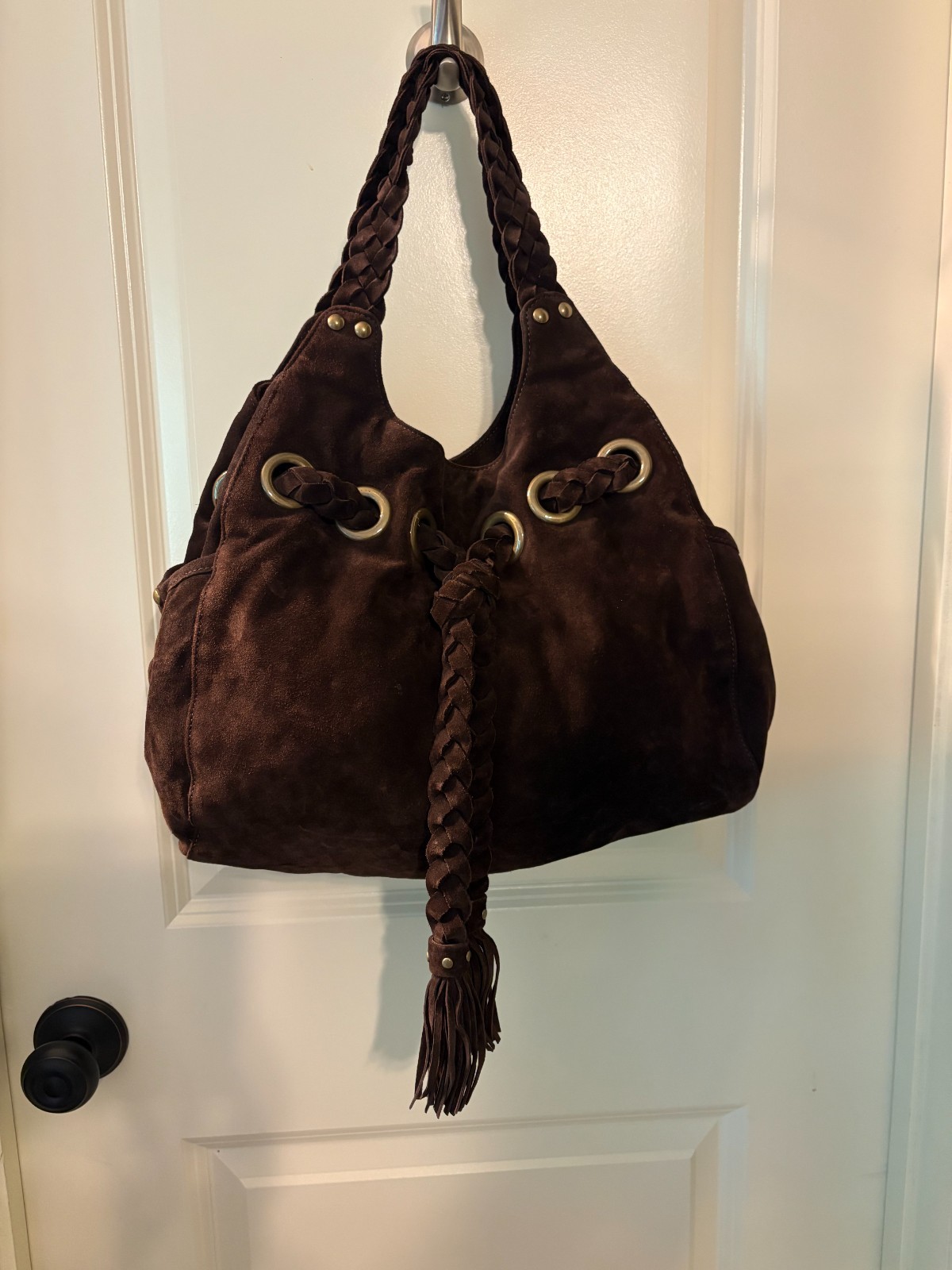 Kooba Brown Suede Hobo Bag Braided Strap Tassel Boho Slouchy Shoulder Bag