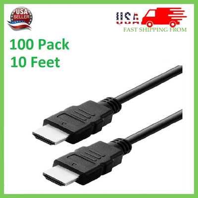 100 Pack New Digital High-Speed 1.4 HDMI Cable PVC 2160p Black Cord (10 feet)