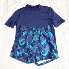 Cat  Jack navy blue shark rash guard swim trunk set size Large 10-12