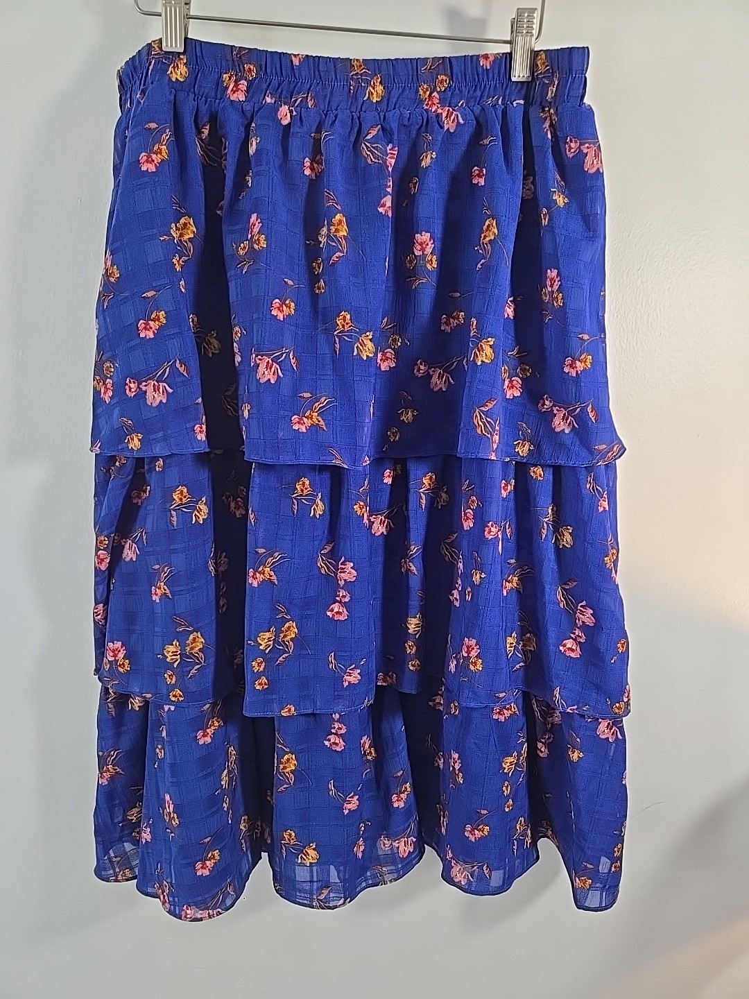 Draper James RSVP Blue Floral Tiered Ruffle Midi Skirt Layered Hem Size L