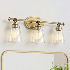 Brushed Gold Bathroom Vanity Lights with Seeded Glass, 3-Light 22.8 Inch Mo...