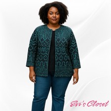 Chico's Traveler Chiffon Jacket Navy Turquoise Blk Ribbon Accents Sz 3 XL 16/18