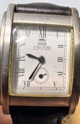 Structure Square Quartz Watch With Leather Band & Roman Numerals