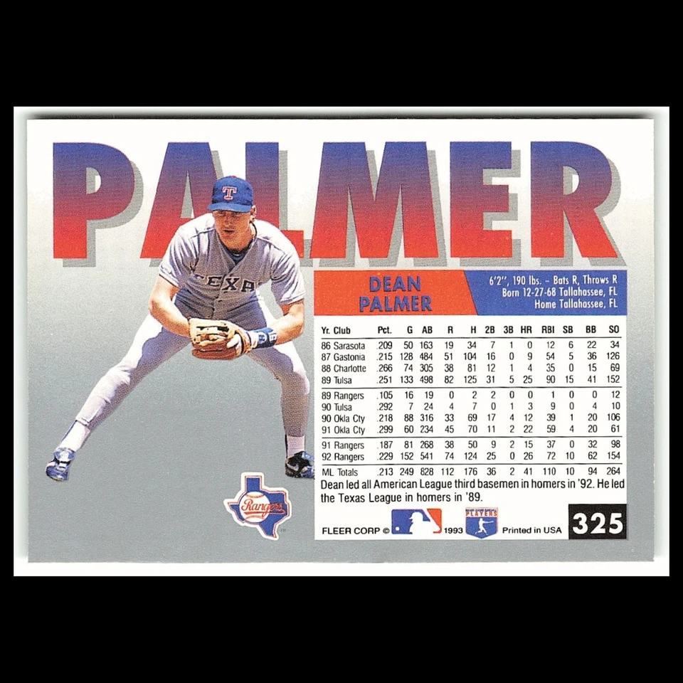 Dean Palmer #325 1993 Fleer Texas Rangers Baseball Card MLB NM - Image 2 of 3