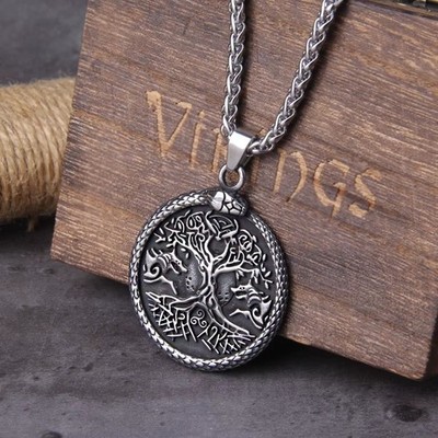 Wikinger Baum des Lebens Halskette   Ouroboros Stern Edelstahl Amulett Yggdrasil
