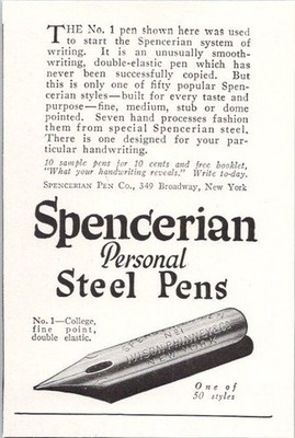 Spencerian Personal Steel Pens Vintage Print Ad 1920s Black White