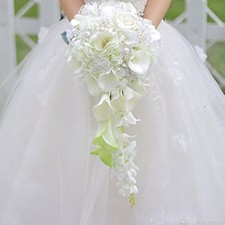 Calla Lilies Simulation Rose Diamonds Pearl Bride Wedding Bouquet White 