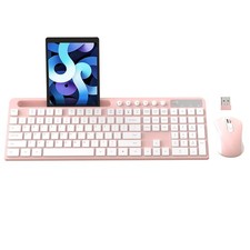 Pink 2.4G Ergonomic Wireless Keyboard with Phone Holder and Silent Mouse Combo