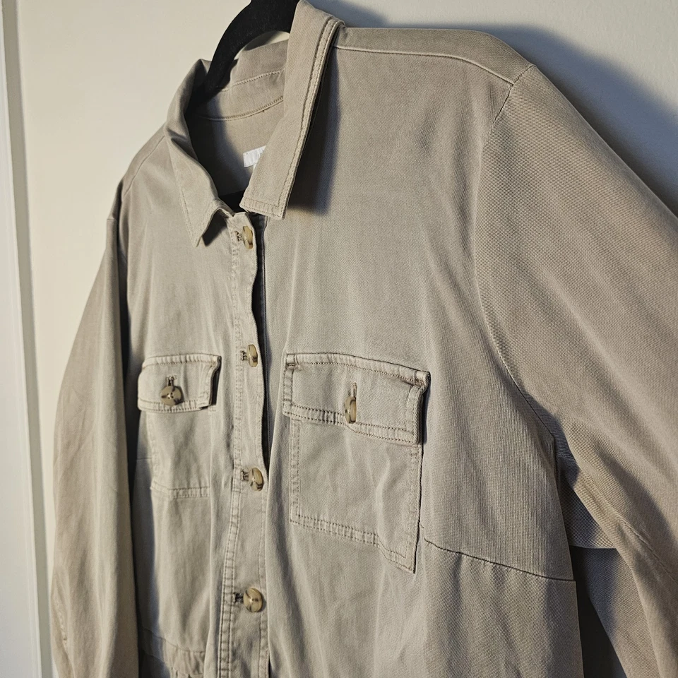 Chaqueta J Jill XL Petite Beige Lienzo Cuello Abotonado Parche Bolsillos Peplum Foto 4 de 4