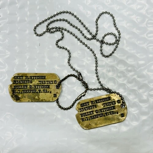 Pair of WW2 US Military Dog Tags Okey H Mitchem NoK Notched T42 Harper WV