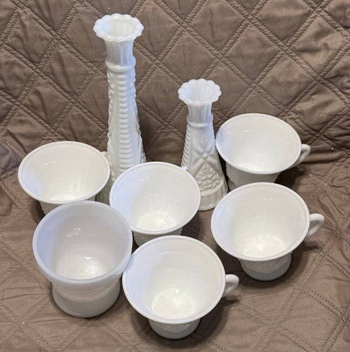 Vintage Milk Glass Assorted Lot 8 Pieces Cups Vases Cottagecore Farmhouse Style