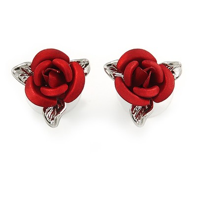 Kleine romantische rote Rose Ohrstecker in Silberfarben - 13 mm D
