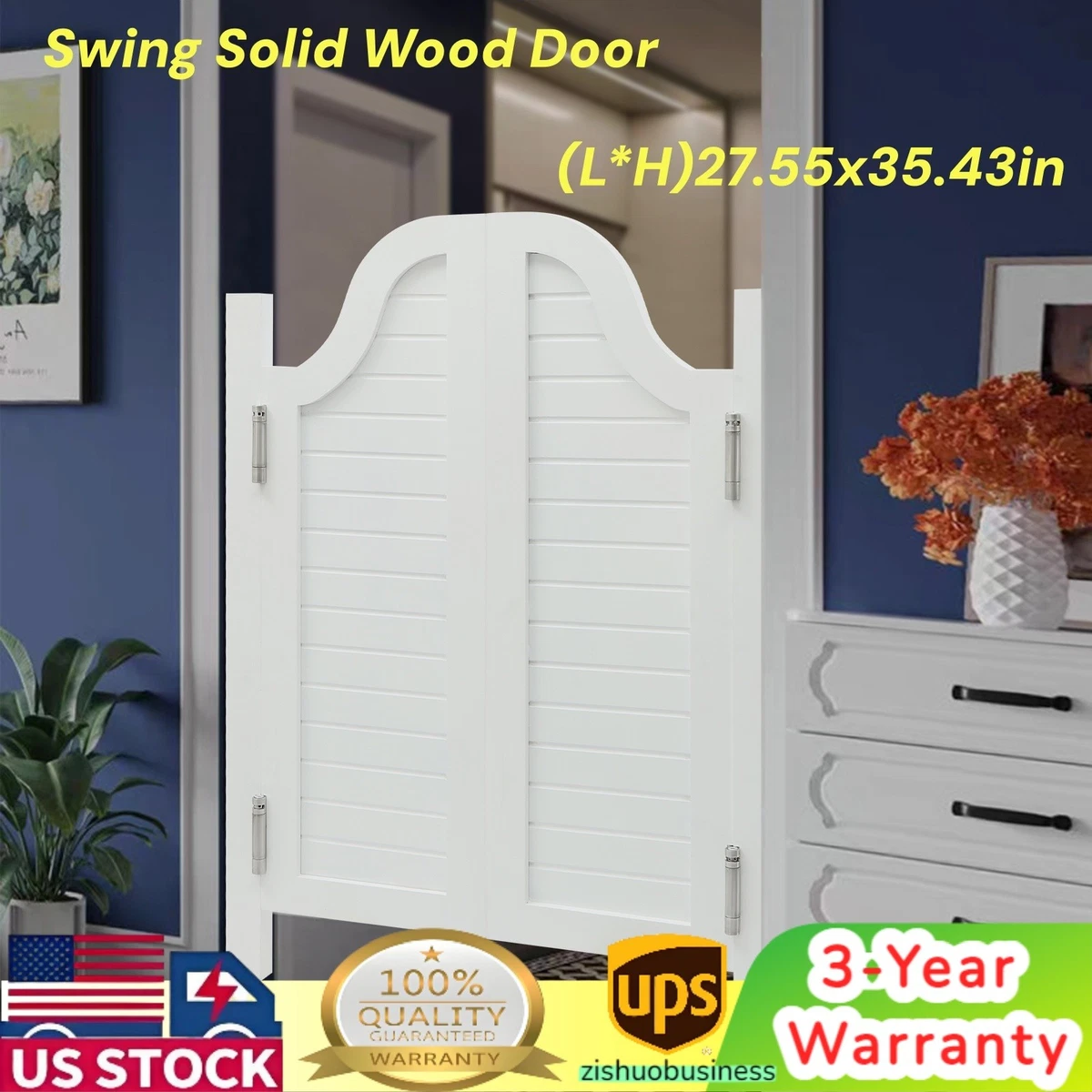 Puerta divisora a rayas horizontales blancas puerta oscilante de madera maciza diseño de doble puerta
