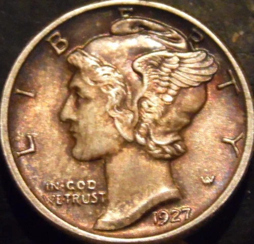 1927-P Mercury Dime Choice BU Uncirculated Full Bands Rainbow Toned