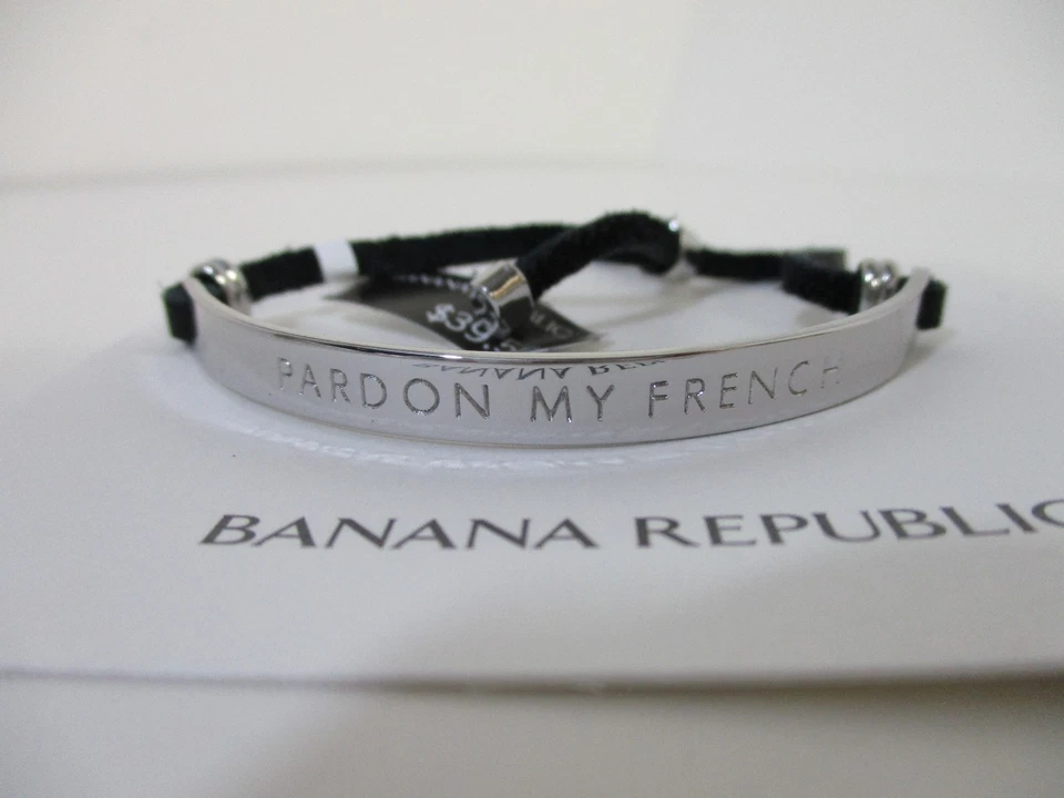 Banana Republic 女式 Idiom Pardon My French 银色手链全新带标签 39.99 美元黑色 — 第 3/4 张图片