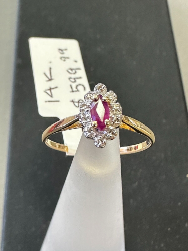 14K MASSIVES GOLD 10 NATÜRLICHE DIAMANTEN MARQUISE RUBIN EDELSTEIN DAMEN RING Gr. 6 NEU - Bild 8 von 9