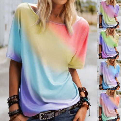 Women's Gradient Short Sleeve T-Shirt Summer Casual Loose Tunic Top Blouse Tees