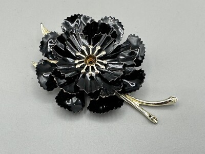 Vintage Signed Coro Black Carnation Flower Brooch Silver tone 3 1/2in  CUTE