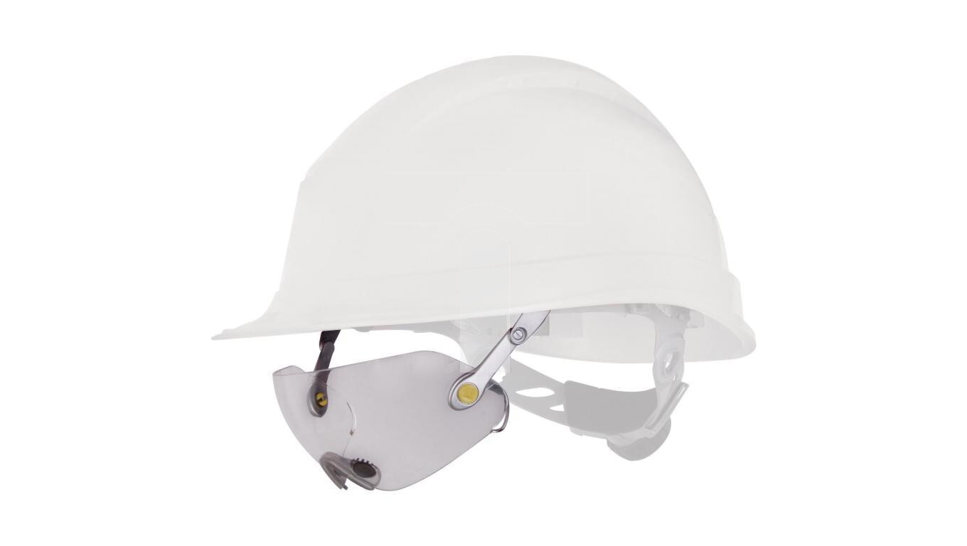 Polycarbonate safety glasses, colorless, mounted on an industrial helmet, /T2UK