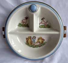 Vintage Bartsch Ceramic Chrome Plated Divided Baby Warming Dish Little Boy Blue
