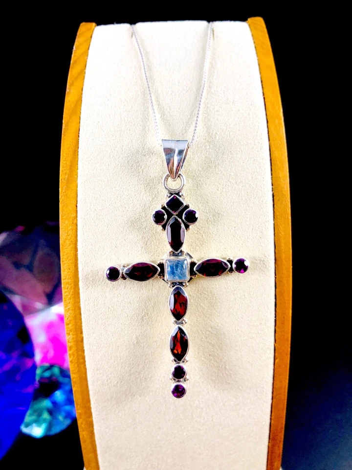 NICKY BUTLER 925 STERLING CHAIN NECKLACE GARNET AMETHYST MOONSTONE CROSS PENDANT - Image 3 of 4