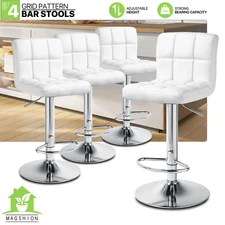 Set of 4 Bar Stools Leather White Square Pub Seat Adjustable Dining Chair w/Back