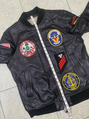 AVIREX LEATHER BOMBER JACKET USA NAVY PILOT PATCH COAT LEBANON