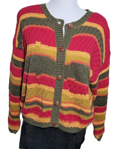 Maglione cardigan vintage Melbourne full bottone donna taglia Lg a righe boho preppy Y2K - Foto 2 di 11