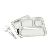 2 Stainless Steel Kids Dinner Plates Fork Baby Toddler Picnic Camping Tray 10''