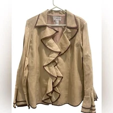 Tally Taylor Linen Lined Ruffle Collared Jacket Long Sleeves Size 14 Tan