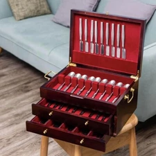 Wooden Silverware Chest without Silverware Three-layer, Silverware Box Storag...