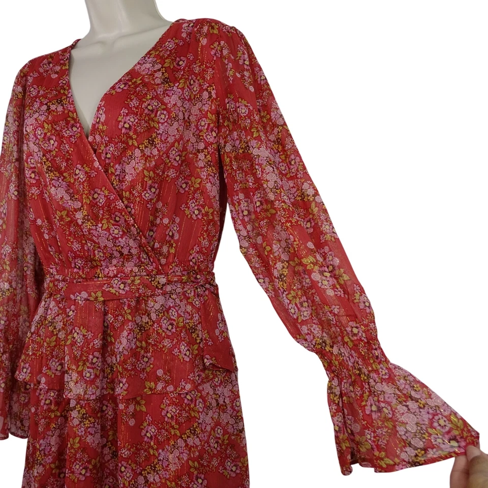 Vestido envolvente sintético manga larga floral coral rojo LC Lauren Conrad para mujer talla M Foto 2 de 4