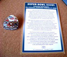 Super Bowl 36 XXXVI Patriots Rams pin Willabee & Ward & card W&W NFL FREE SHIP