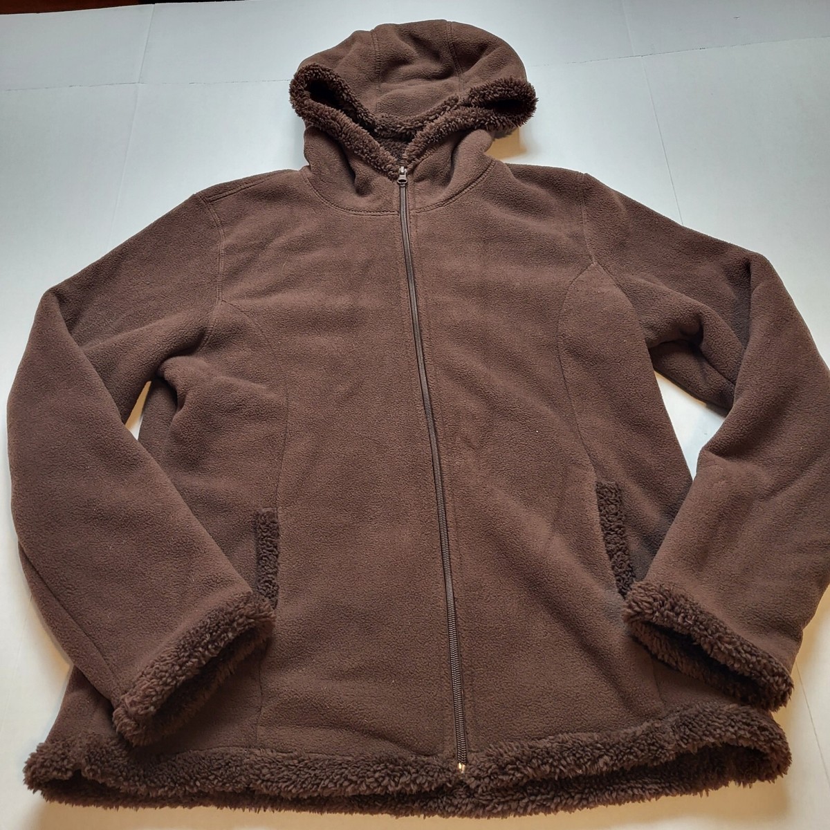 Faded Glory Sweatshirt Womens M Brown Hoodie Faux Sherpa Lined Full Zipper  A93