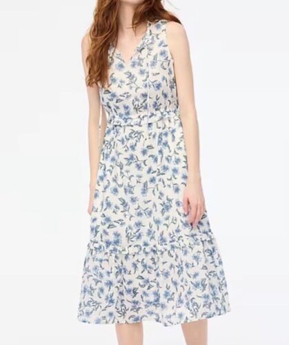 J Crew Factory Blue And White Floral Tie Neck Dress