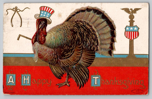 1909 Patriotic Thanksgiving Turkey Top Hat Fantasy Vintage Antique Postcard - 第 1/2 張圖片