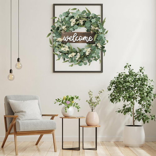 Green Artificial Eucalyptus Wreath with Welcome Sign 20In Spring Summer Wreath w - Picture 4 of 12