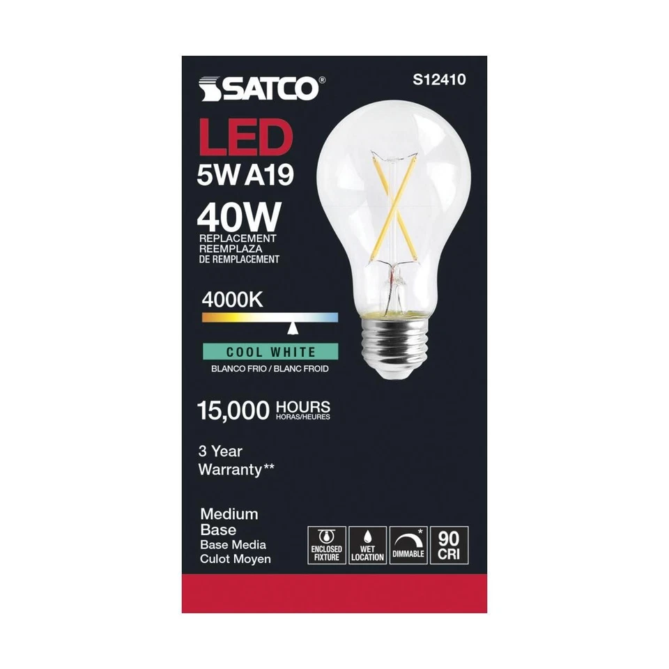 Satco S12410 - 5 Watt LED A19 Clear LED Bulbs - 4000K - 120 Volt (6 pack) - Image 3 of 4
