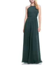 Bill Levkoff - Open Back Halter Neck Chiffon Gown - Dark Green - Size 8