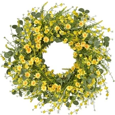 LSKYTOP 24Inches Artificial Daisy Flower Wreath with Eucalyptus Green Leave
