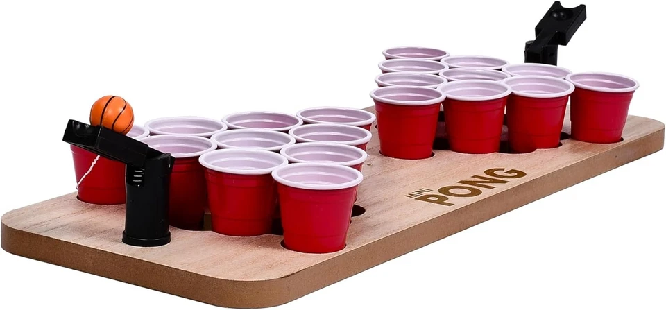 SHOT PONG Mini Pong Shot Drinking Game Party Solid Wooden Base 20 Cups 2 Shooters Beer